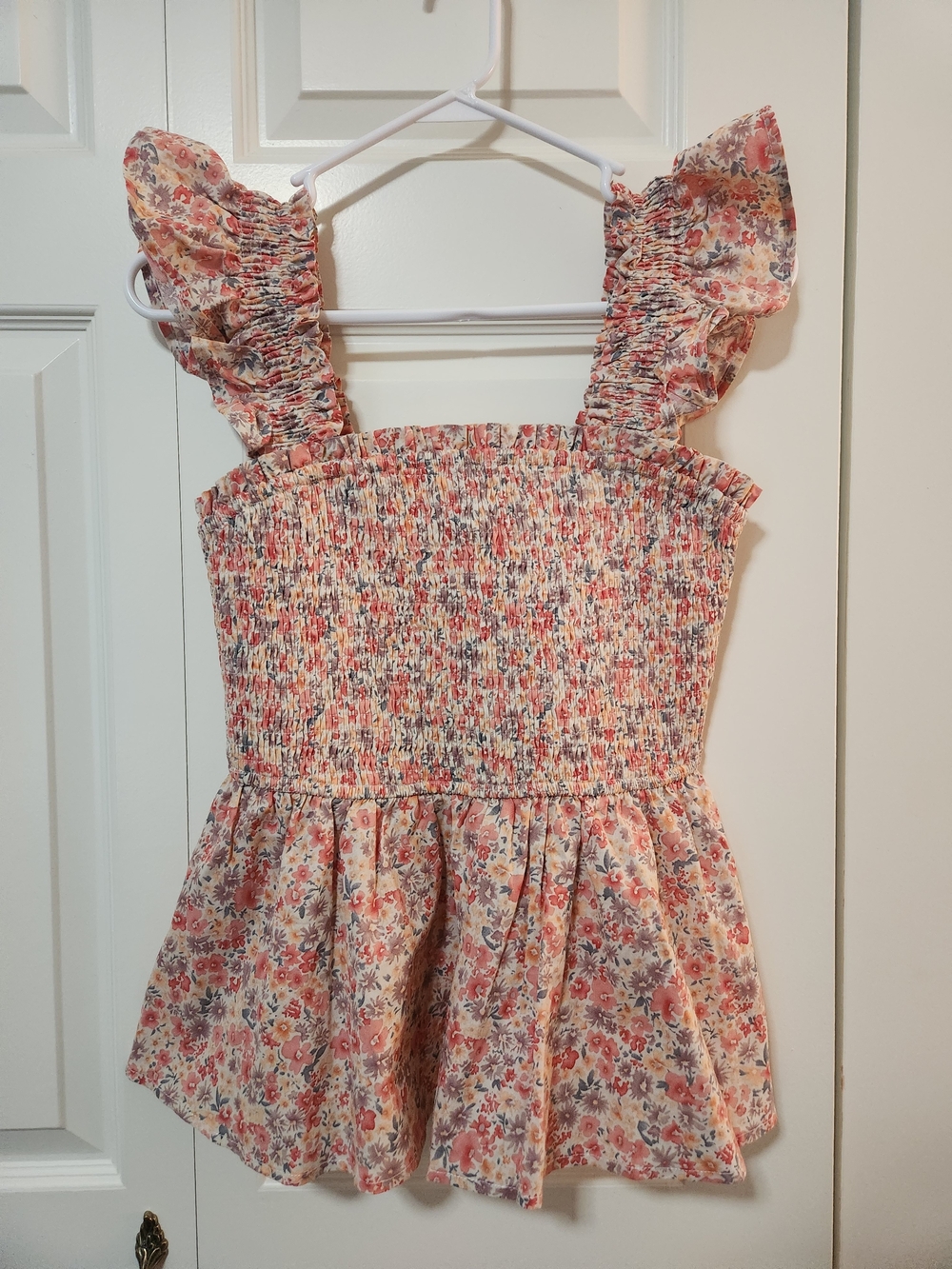 Baltic Born Coral & Cream Smocked Floral Tank Cottage Peasant Cottagecore Spring